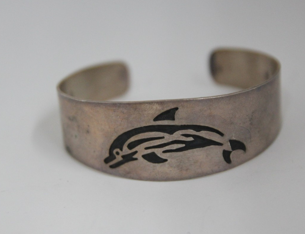 925 Silver Dolphin Pattern Cuff Bracelet - image 1