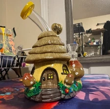 Mushroom Cottage House Water Pipe – Whimsical Fairy Home Bong with Glass Bowl