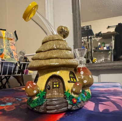 Mushroom Cottage House Water Pipe   Whimsical Fairy Home Bong with Glass Bowl