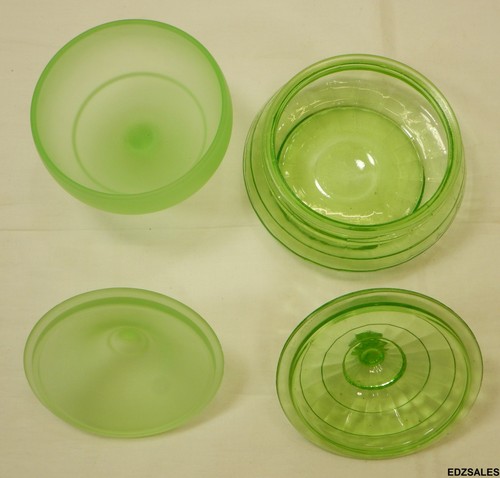 5 Vintage Green Vaseline Depression Glass Dishes - Covered Candy Spoon Bowl - Picture 8 of 12