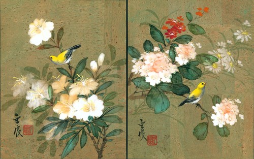 Vintage Paar japanische Gouache Aquarell auf Kork Blumen gelb Vogel Kunst Gemälde