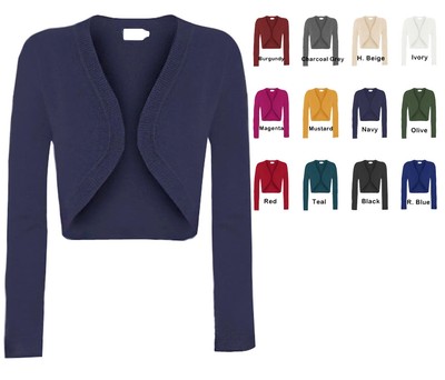 Solid Knit Long Sleeve Crop Open Bolero Cardigan  S~XL
