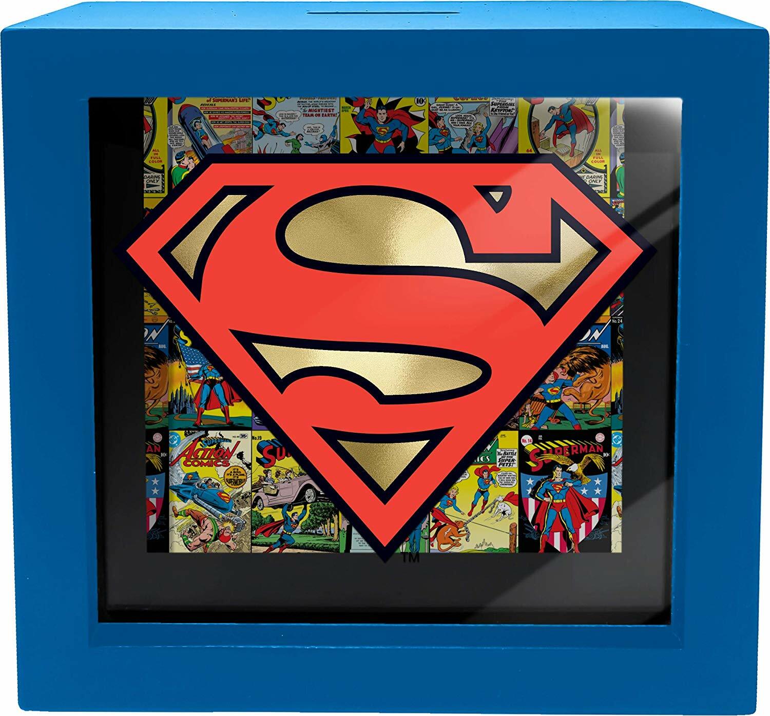  Superman Gold Logo Comic Book Covers Shadowbox Bank 6.5" H