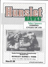 Hunslet v&nbsp;York 21 Apr 1996 Hunslet RUGBY LEAGUE PROGRAMME