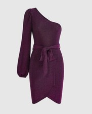 Womens Size 12-14 UK Purple Glitter One Shoulder Belted Wrap Bodycon Dress L New