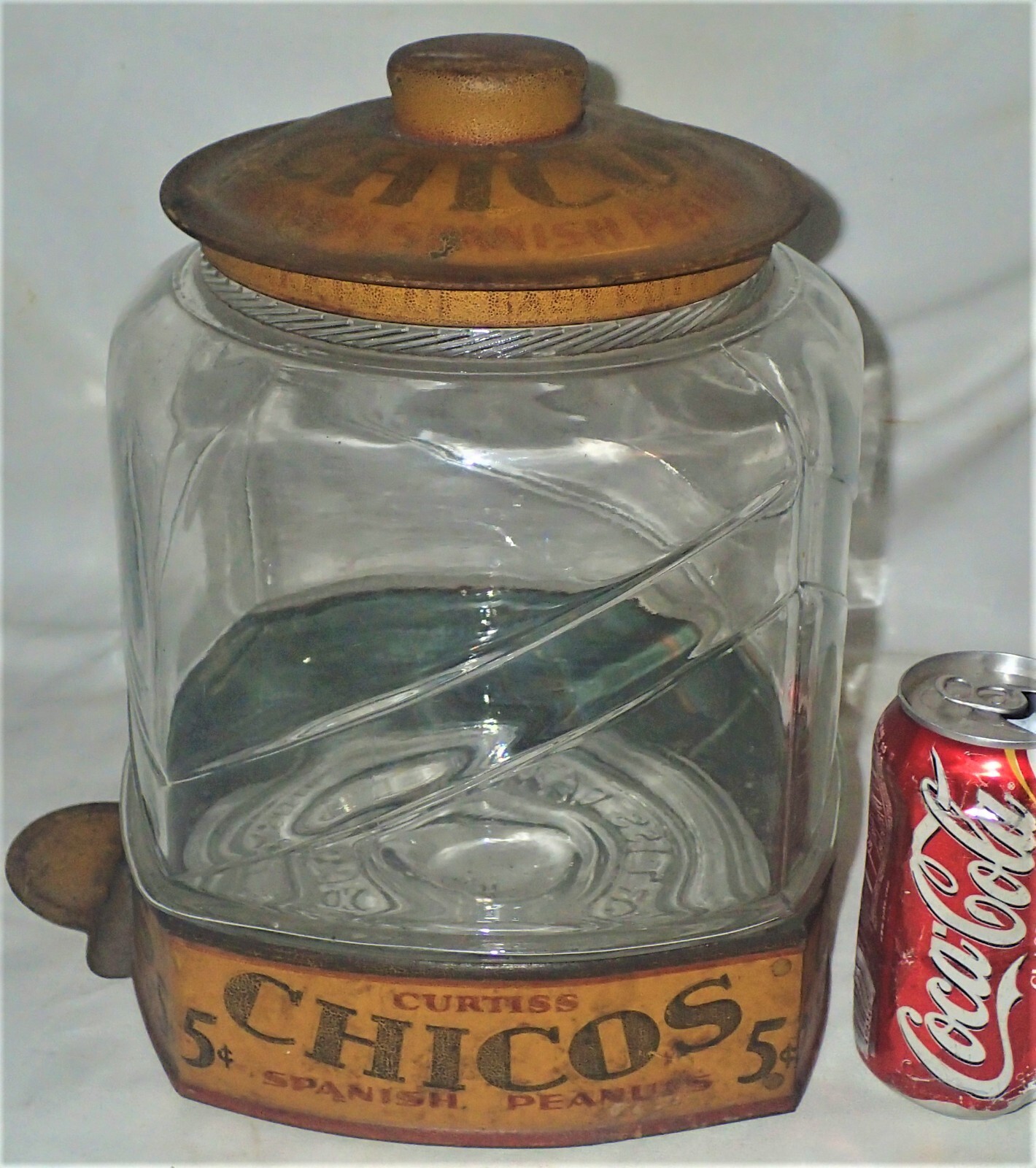 ANTIQUE CURTISS CANDY CO CHICO'S 5 CENT SPANISH PEANUTS GLASS JAR METAL ...
