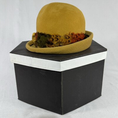 Retro 20s 30s Yolie Women s Bowler Mustard Gold Feather Band Medium 7 - 7 1/8