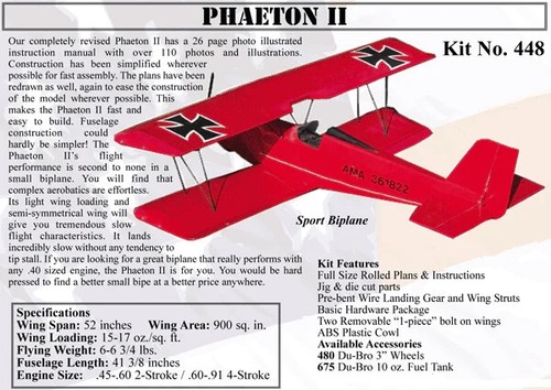 Balsa USA Phaeton II RC Remote Control Balsa Wood Airplane Kit #448 - Picture 2 of 2