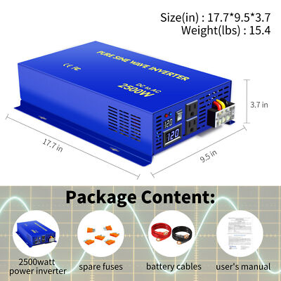 2500 Watt Pure Sine Wave Power Inverter 12v DC to 110v 120V AC Off Grid Truck