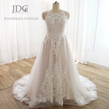 Luxus Spitze Brautkleid Hochzeitskleid Illusion Knöpfe Ivory Rosa n.Maß 32-60