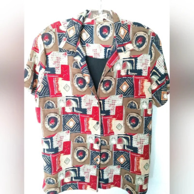 Notations Women's Camp Shirt Blouse Geometric Print Attached Tank Underneath XL