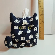 Cloth Cat Tissue Cube Box Cover Navy Blue with white paw prints