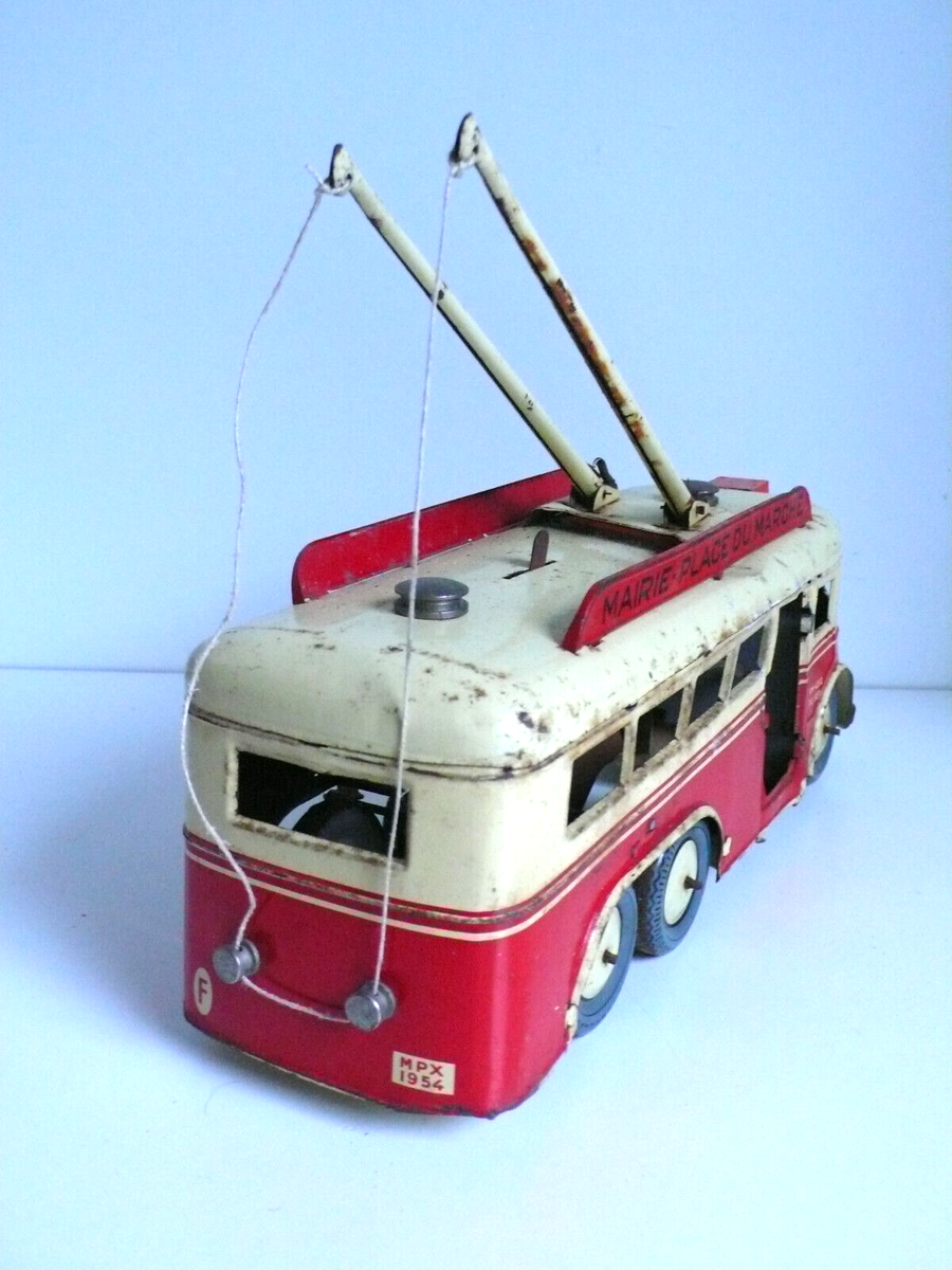Joustra Trolley Bus Géant – Tôle – Gare / Mairie – Jouet Mécanique Vintage – Occasion