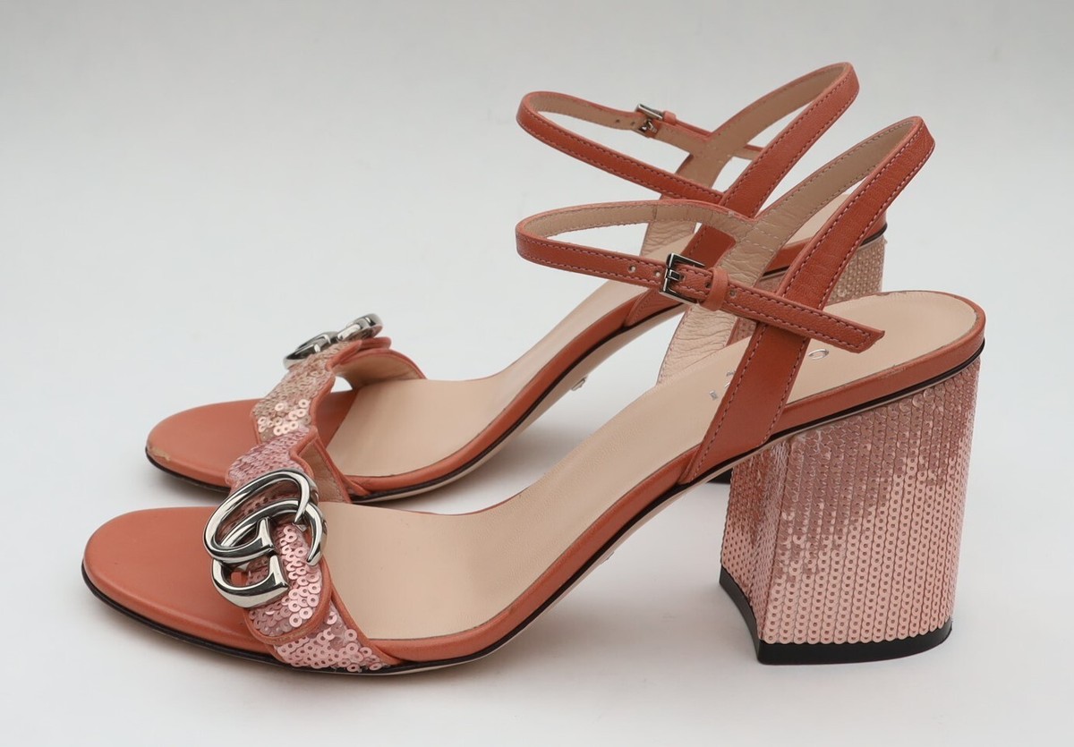 GUCCI 'Marmont' GG Sequin Pink Open Toe Block Heel Sandals