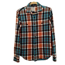 American Eagle Outfitters Plaid Flannel Button Up Shirt Shacket Orange Blue XS
