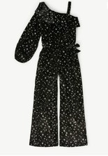 Justice Girls Black Silver Star One Shoulder Jumpsuit Sz 7/8 NWT Wide Leg