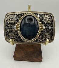 Western Belt Buckle Filigree Black Cabochon Stone Floral Medallion Two Tone