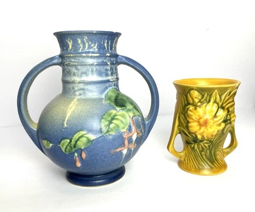 Roseville Pottery 2 Vintage Vase Lot –Yellow Peony (c.1930s) & Blue Art Pottery