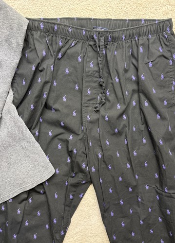 Polo Ralph Lauren Sleepwear Pajama Set Grey Top Black Bottom Purple Ponies Sz LG - Picture 3 of 5