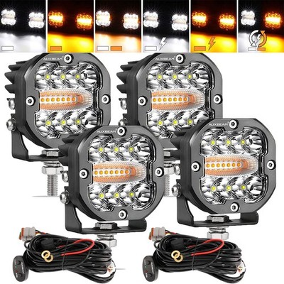 AUXBEAM 4X 3inch LED Work Light Bar White&Amber Offroad Truck ATV Work Fog Lamps