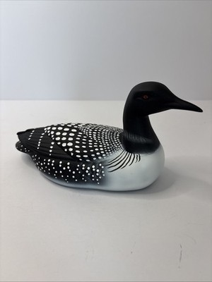 Hand Painted Black and White Ceramic Loon Decoration Red Eye Vintage Figurine