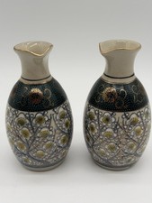 2 Vintage Blue Green Yellow Floral Saki  Pitchers Vases Satsuma & Porcelain 
