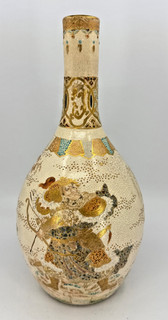Antique Japanese Satsuma Ware Meiji Period Gilt vase with Samurai Warrior 10"