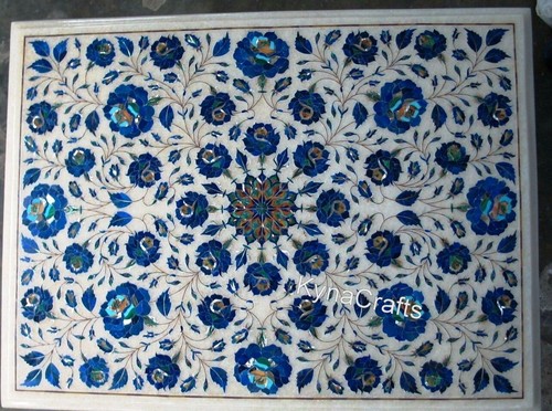 Lapis Lazuli Inlay Side Table with Unique Design White Marble Coffee Table Top - Picture 2 of 6