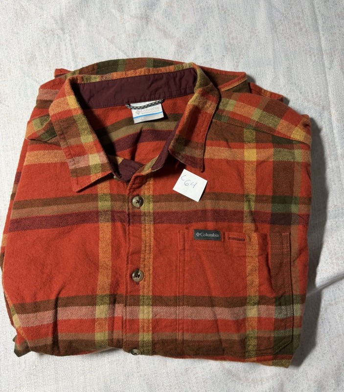 Columbia Classic L Large Flannel Shirt Orange Yellow Brown Plaid C64
