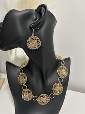 Gold Plated Metal Jewellery Set - Disc Necklace and Drop Earrings, Gold