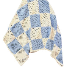 Knit Afghan Granny Crochet Throw Geometric Blanket 36"W x 62  L Baby Blue  White