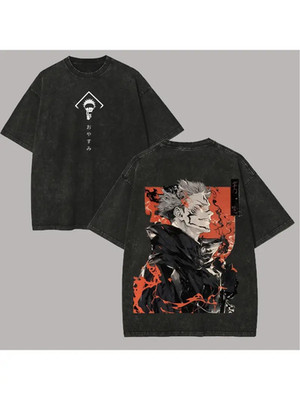 Anime Sorcerer Graphic T-Shirt Vintage Wash Streetwear Dark Aesthetic Tee