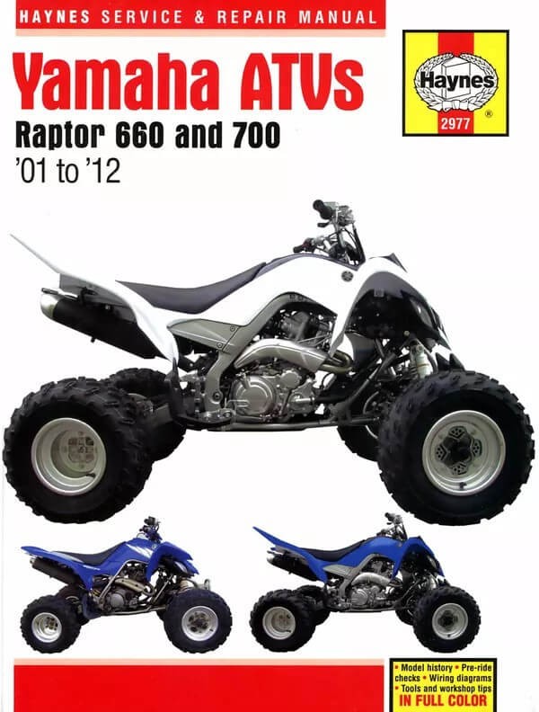 Livre de mécanique Haynes 2977 pour préparer le quad Yamaha Raptor 700 660 à l'atelier