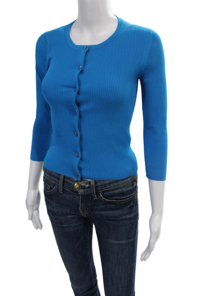 Karen Millen Womens Long Sleeve Cardigan Rib Knit Sweater Top Set Blue Size XS - Image 2 of 4