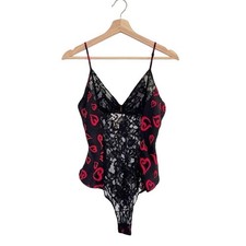 Victoria  s Secret Vintage Gold Label Silk Lace Heart Teddy Bodysuit Medium Black