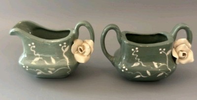 Vintage Marked Green Art Pottery Creamer Sugar Set Applied Rose Vine Design