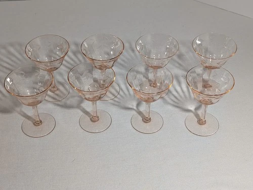 Lot of 8 PINK Depression Glass ETCHED FERN Leaf Sherbet CHAMPAGNE Stem 3.5x3.5x5