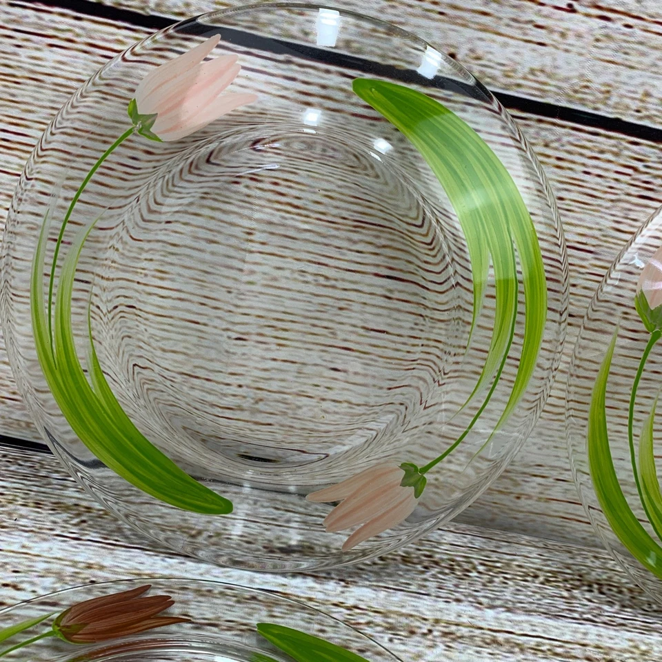 Juego de 6 platos de postre de vidrio transparente diseño floral tulipán pintados a mano Foto 4 de 4