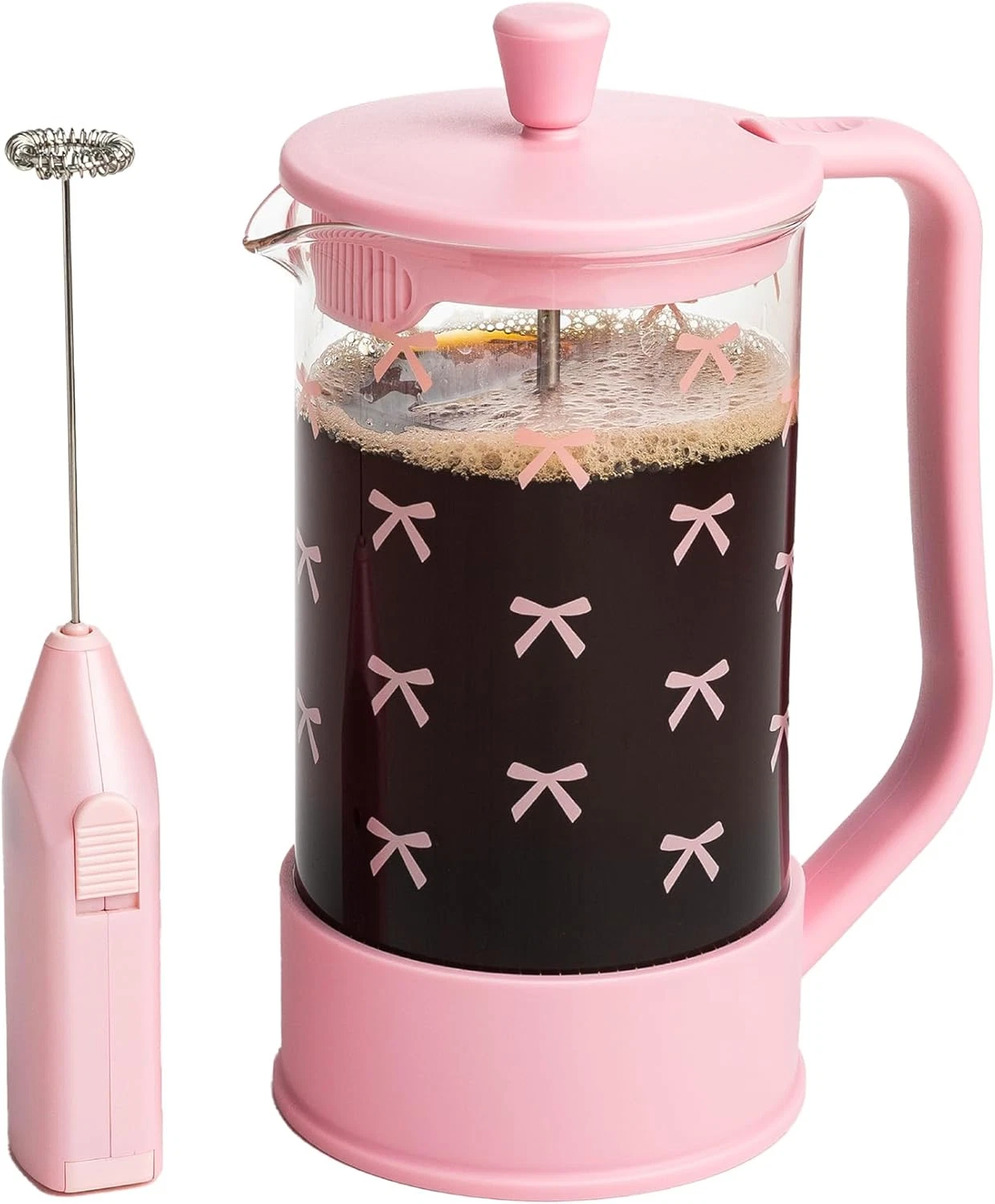 Bow Design French Press and Frother Coffee Gift Set, Includes a 8-Cup Coffee Pre