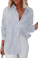 Womens Striped Button down Shirt Classic Long Sleeve Stylish Collared Top Grey,L