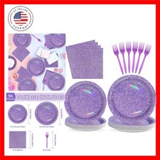 96Pcs Purple Party Supplies Holographic Rainbow Purple Plates and Napkins Set...