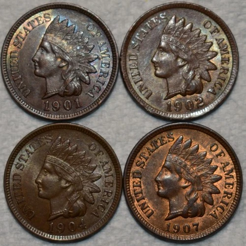 4x AU-UNC Indian Head Cent, 1901, 1902, 1904, and 1907, Lustrous.