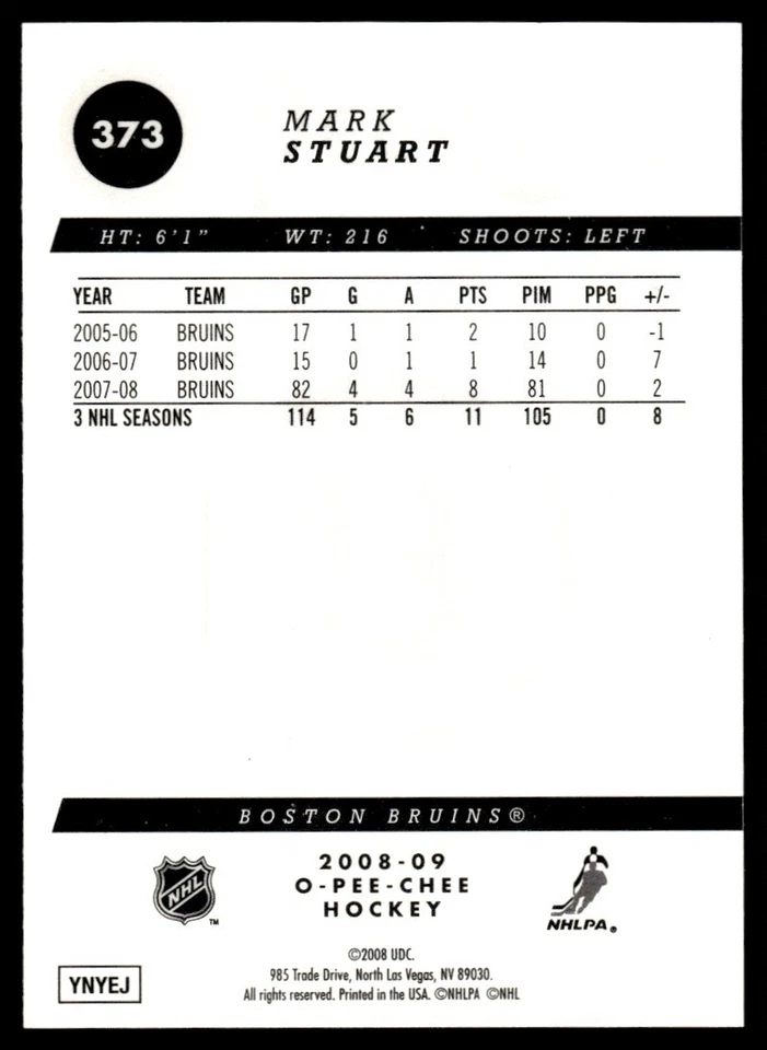 2008-09 O-Pee-Chee Gold Mark Stuart Boston Bruins #373 - Image 2 of 2