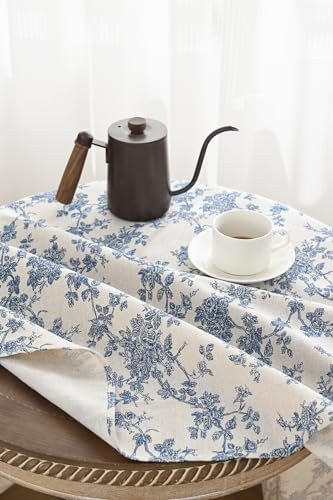 Rustic Floral Round Tablecloth 55 Inch, Machine Washable Cotton Linen - Picture 5 of 8
