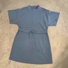 Vince Camuto Blue Mock Neck Short Sleeve Tie Waist A-Line Dress Women's Size M
