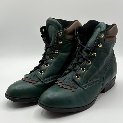 Laredo Performair Boots Women’s 8 Green Leather Fringe USA Made VTG 90s w/box - Image 1