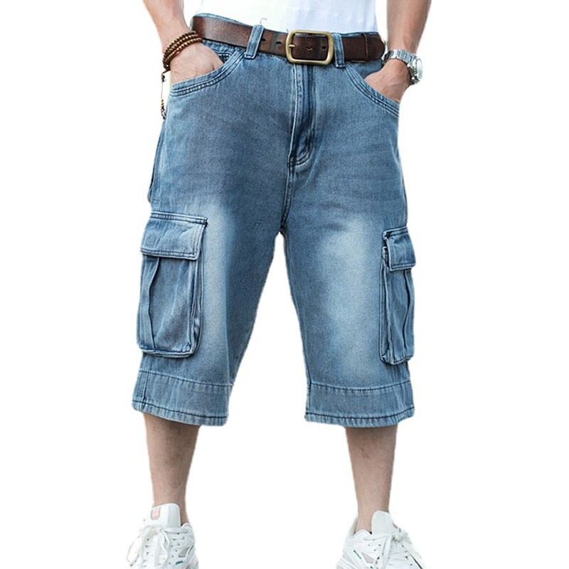 Men Loose Denim Shorts Hip Hop 3/4 Length Jeans Baggy Roll Up