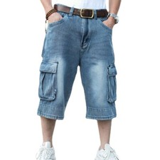 Mens Loose Denim Shorts Hip Hop 3/4Length Baggy Jeans Pants Roll Up Multi Pocket