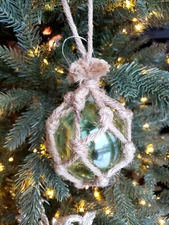 Jute Wrapped Nautical Ball Ornament Green Fish Rope Buoy Hanging Decor Accent
