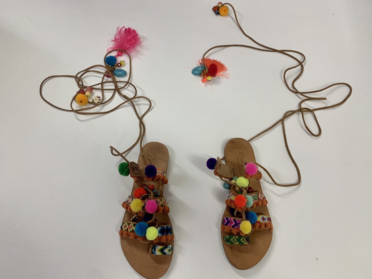 Elina Linardaki Penny Lane Lace Up Leather Charm Gladiator Sandal